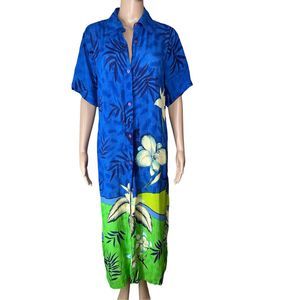 Vintage 90s Y2K Papaya Hawaiian Shirt Dress Button Down Viscose Womens Size L